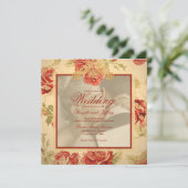 ヴィンテージ黄色の素朴な赤いバラのカスタムウェッ救ディング 招待状 (スタンド正面)