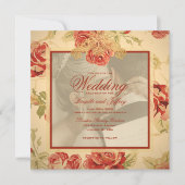 ヴィンテージ黄色の素朴な赤いバラのカスタムウェッ救ディング 招待状 (正面)