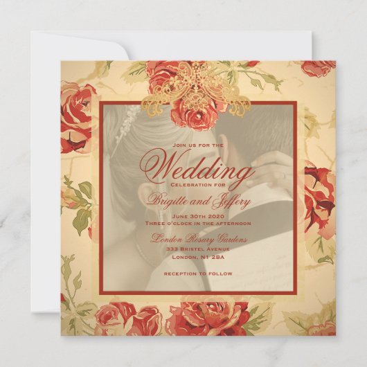ヴィンテージ黄色の素朴な赤いバラのカスタムウェッ救ディング 招待状 (正面)