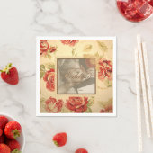 ヴィンテージ黄色の素朴な赤いバラのカスタムウェディングフォト スタンダードカクテルナプキン (インサイチュ)