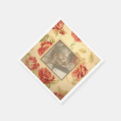 ヴィンテージ黄色の素朴な赤いバラのカスタムウェディングフォト スタンダードカクテルナプキン (角)