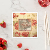 ヴィンテージ黄色の素朴な赤いバラのカスタムウェディングフォト スタンダードカクテルナプキン (インサイチュ)