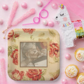 ヴィンテージ黄色の素朴な赤いバラのカスタムウェディングフォト ペーパープレート (パーティー)