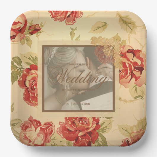 ヴィンテージ黄色の素朴な赤いバラのカスタムウェディングフォト ペーパープレート (正面)