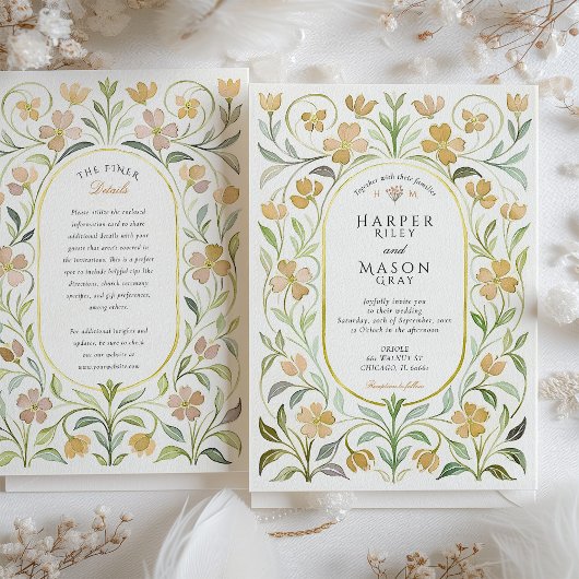 ヴィンテージ黄色フローラ水結婚色 招待状