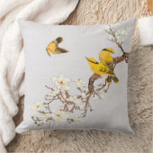 ヴィンテージ黄色鳥白い花 クッション (ブランケット)