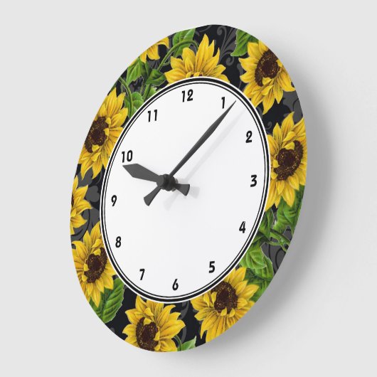 ヴィンテージ黒い壁時計の黄色のひまわり ラージ壁時計 (傾斜)