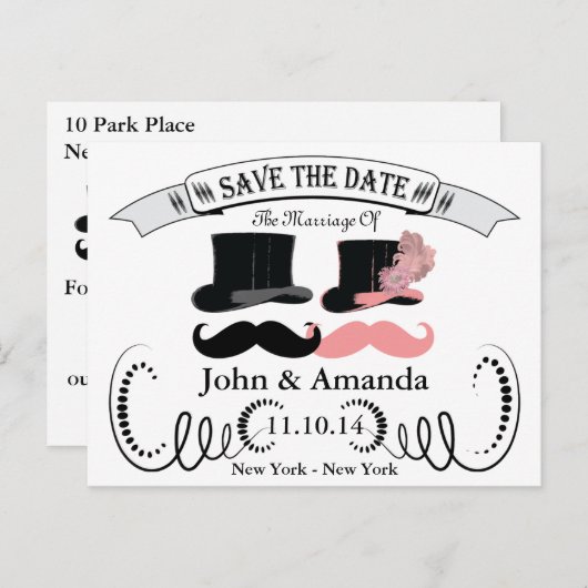 ヴィンテージ黒とピンクの口ひげ 案内ポストカード (正面/裏面)