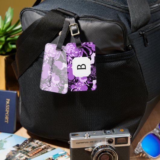 ヴィンテージ黒と紫の花と鳥モノグラム ラゲッジタグ (正面&裏面)