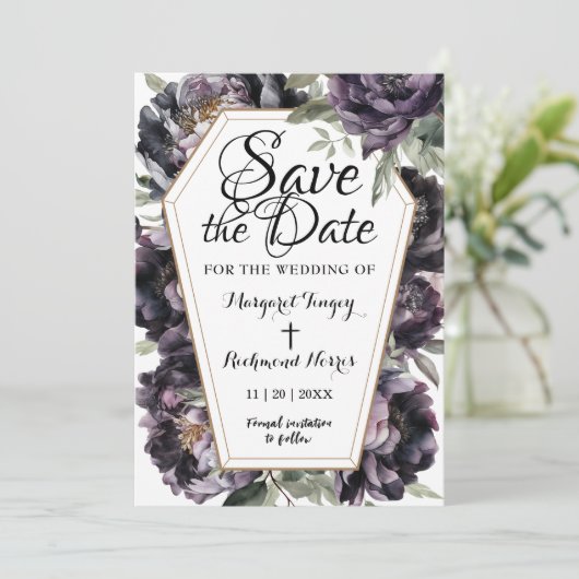 ヴィンテージ黒牡丹の棺 |ゴシック日付の保存 招待状 (スタンド正面)