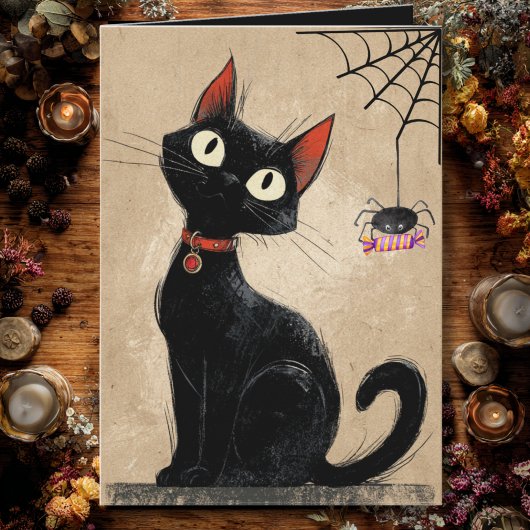 ヴィンテージ黒猫かわいいスパイダーゴシックハロウィーン カード