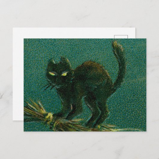 ヴィンテージ黒猫がハロウィーンに乗る ポストカード (正面/裏面)