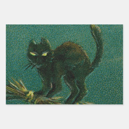 ヴィンテージ黒猫がハロウィーンに乗る ラッピングペーパーシート (正面)