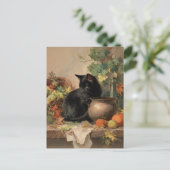 ヴィンテージ黒猫が秋のフルーツの中 ポストカード (スタンド正面)