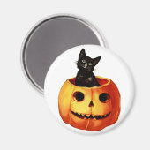 ヴィンテージ黒猫とカボチャ丸磁石 マグネット (正面/裏面)