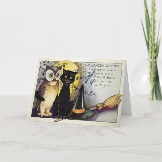 ヴィンテージ黒猫とフクロウハロウィンカード シーズンカード (正面)