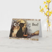 ヴィンテージ黒猫とフクロウハロウィーン カード (黄色い花)