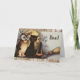 ヴィンテージ黒猫とフクロウハロウィーン カード