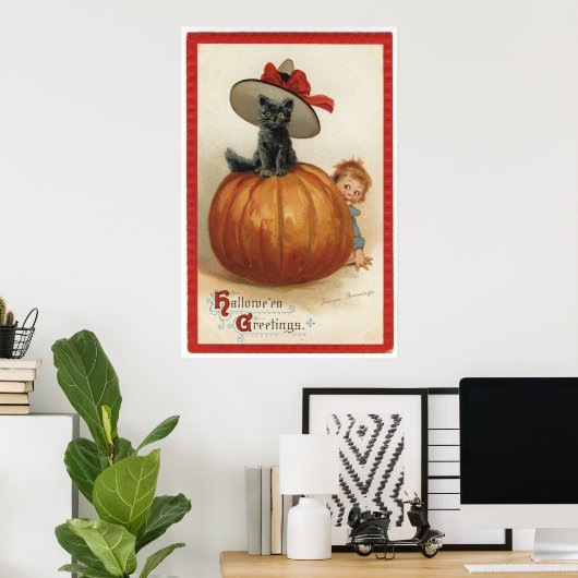 ヴィンテージ黒猫と魔女ハット ポスター (ホームオフィス)