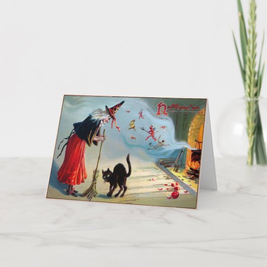 ヴィンテージ黒猫と魔女ハロウィンカード シーズンカード (正面)