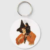 ヴィンテージ黒猫を肩に乗せた美しい魔女 キーホルダー (正面)