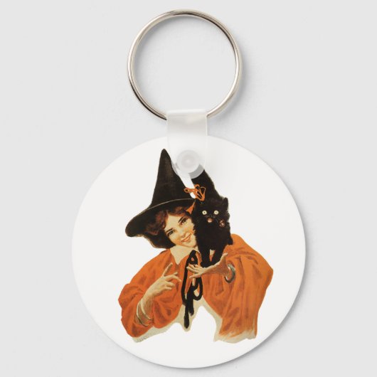ヴィンテージ黒猫を肩に乗せた美しい魔女 キーホルダー (正面)