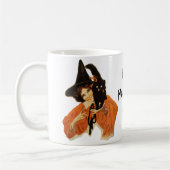 ヴィンテージ黒猫を肩に乗せた美しい魔女 コーヒーマグカップ (左)