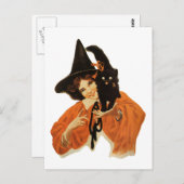 ヴィンテージ黒猫を肩に乗せた美しい魔女 ポストカード (正面/裏面)