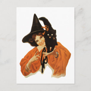 ヴィンテージ黒猫を肩に乗せた美しい魔女 ポストカード