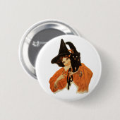 ヴィンテージ黒猫を肩に乗せた美しい魔女 缶バッジ (正面&裏面)