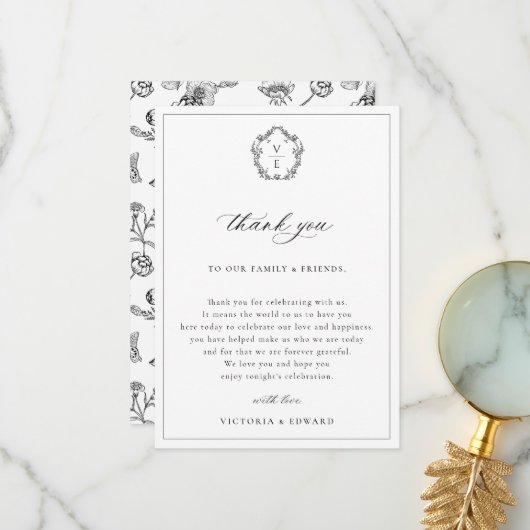 ヴィンテージ黒紋結婚式レセプションテーブル サンキューカード (正面/裏面インサイチュ)