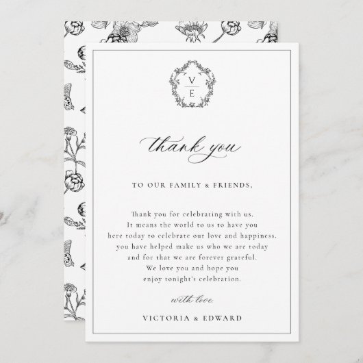 ヴィンテージ黒紋結婚式レセプションテーブル サンキューカード (正面/裏面)