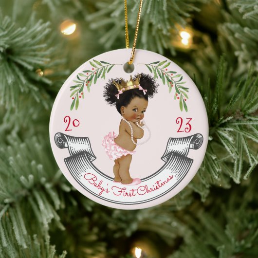 ヴィンテージ黒髪ベビーの初めてのクリスマスピンク赤 セラミックオーナメント (ツリー)