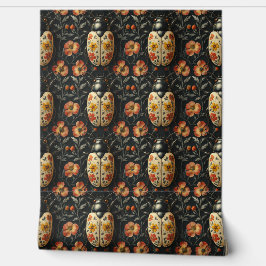 ヴィンテージ黒黄色甲虫フローラ模様 壁紙