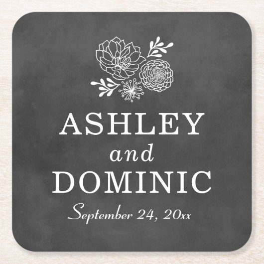 ヴィンテージ黒黒黒板結婚モノグラム スクエアペーパーコースター (正面)