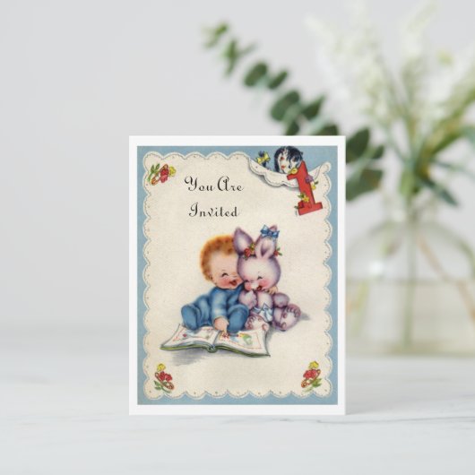 ヴィンテージ1匹の歳の誕生日の男の子の招待状 招待状 (スタンド正面)