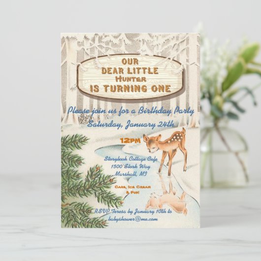 ヴィンテージ1歳の冬の森の鹿の招待状 招待状 (スタンド正面)