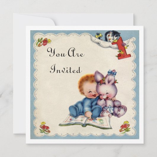 ヴィンテージ1歳誕生日ボーイ招待状 招待状 (正面)