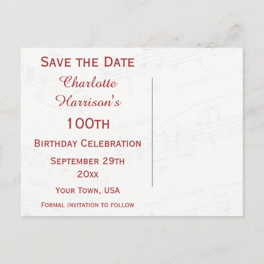 ヴィンテージ100誕生日レッドローズフレームミュージックシート 案内ポストカード (裏面)