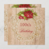 ヴィンテージ100誕生日レッドローズ木枠 招待状 (正面/裏面)