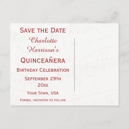 ヴィンテージ15誕生日レッドローズフレームミュージックシート 案内ポストカード (裏面)