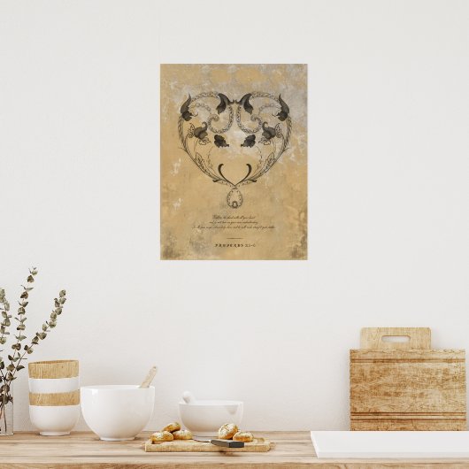 ヴィンテージ16世紀ハートと聖なる書物、 経典 ポスター (キッチン)