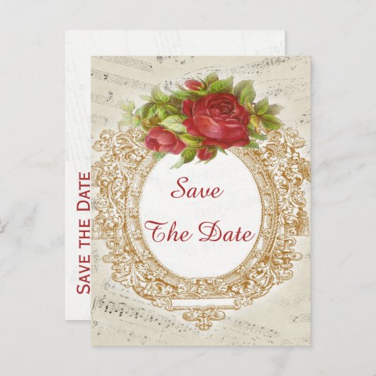 ヴィンテージ16誕生日レッドローズフレームミュージックシート 案内ポストカード (正面/裏面)