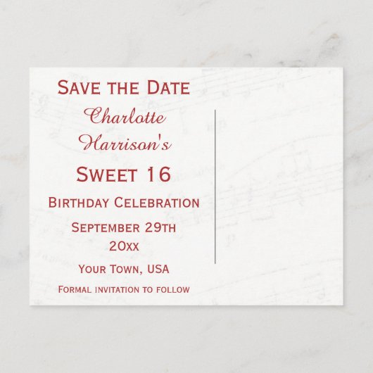 ヴィンテージ16誕生日レッドローズフレームミュージックシート 案内ポストカード (裏面)