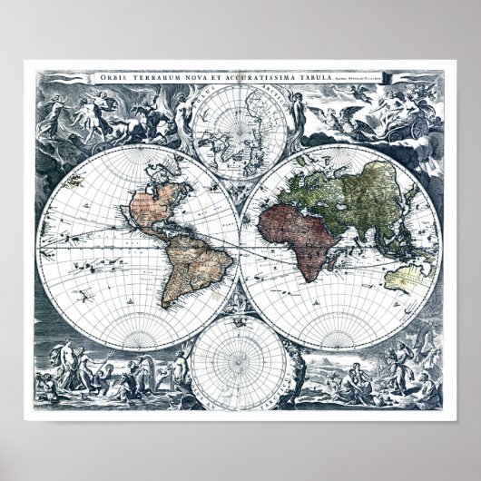 ヴィンテージ1658ニコラオ・ヴィシュエ世界地図 ポスター (正面)