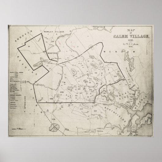 ヴィンテージ1692サレムMA村の地図(1866) ポスター (正面)