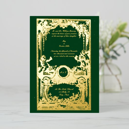 ヴィンテージ1755フランスのバロック結婚ロココ 箔招待状 (立ち正面)