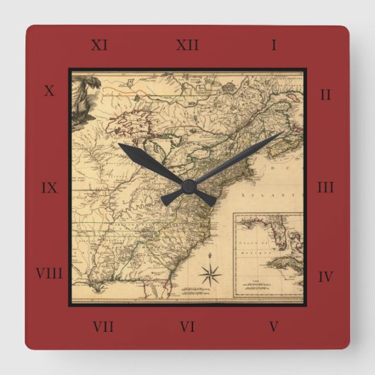 ヴィンテージ1777のPhelippeaux著アメリカのコロニーの地図 スクエア壁時計 (正面)