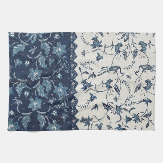 ヴィンテージ1800のパターン青と白 キッチンタオル (横)