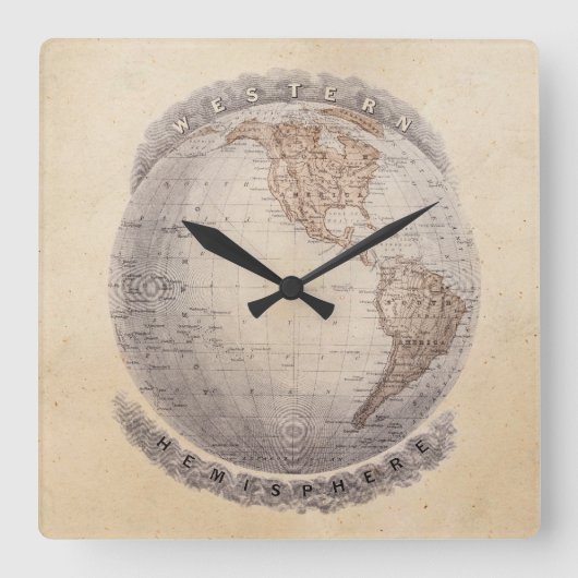 ヴィンテージ1800年代の世界地図西半球グローブ スクエア壁時計 (正面)